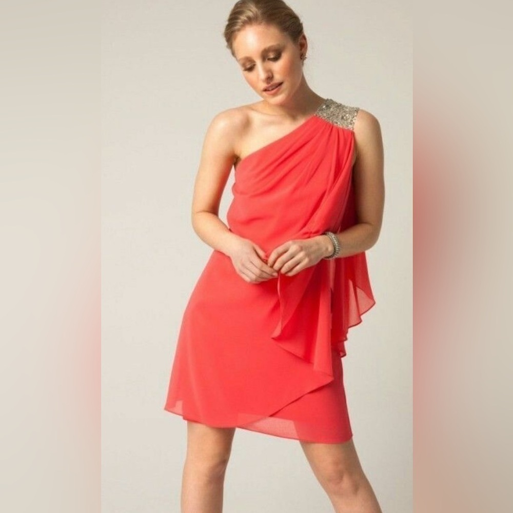 CACHE  One Shoulder Flowy Dress Orange/Red Sz 4